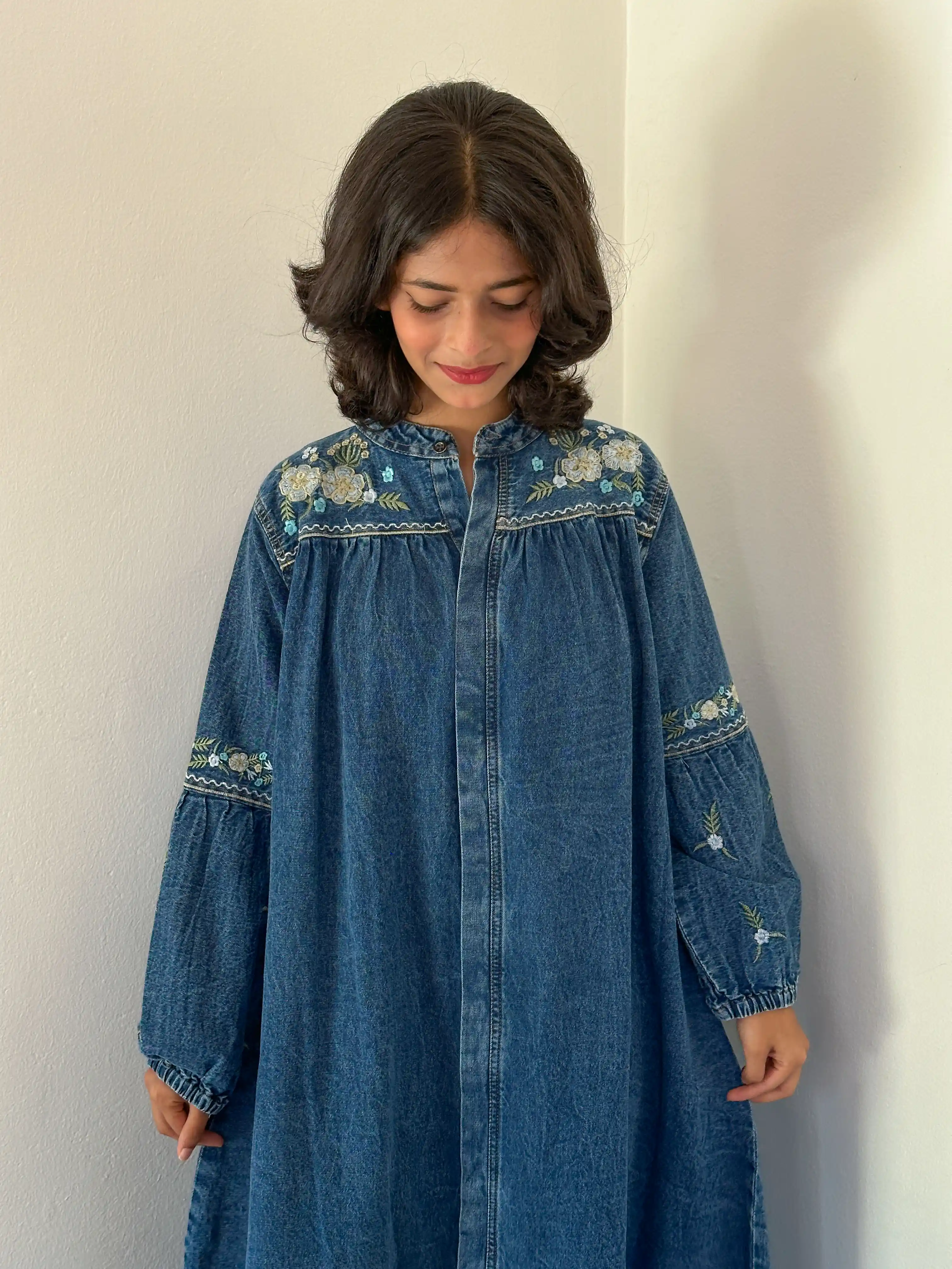 Floral Embroidery Denim Dress - Image 2