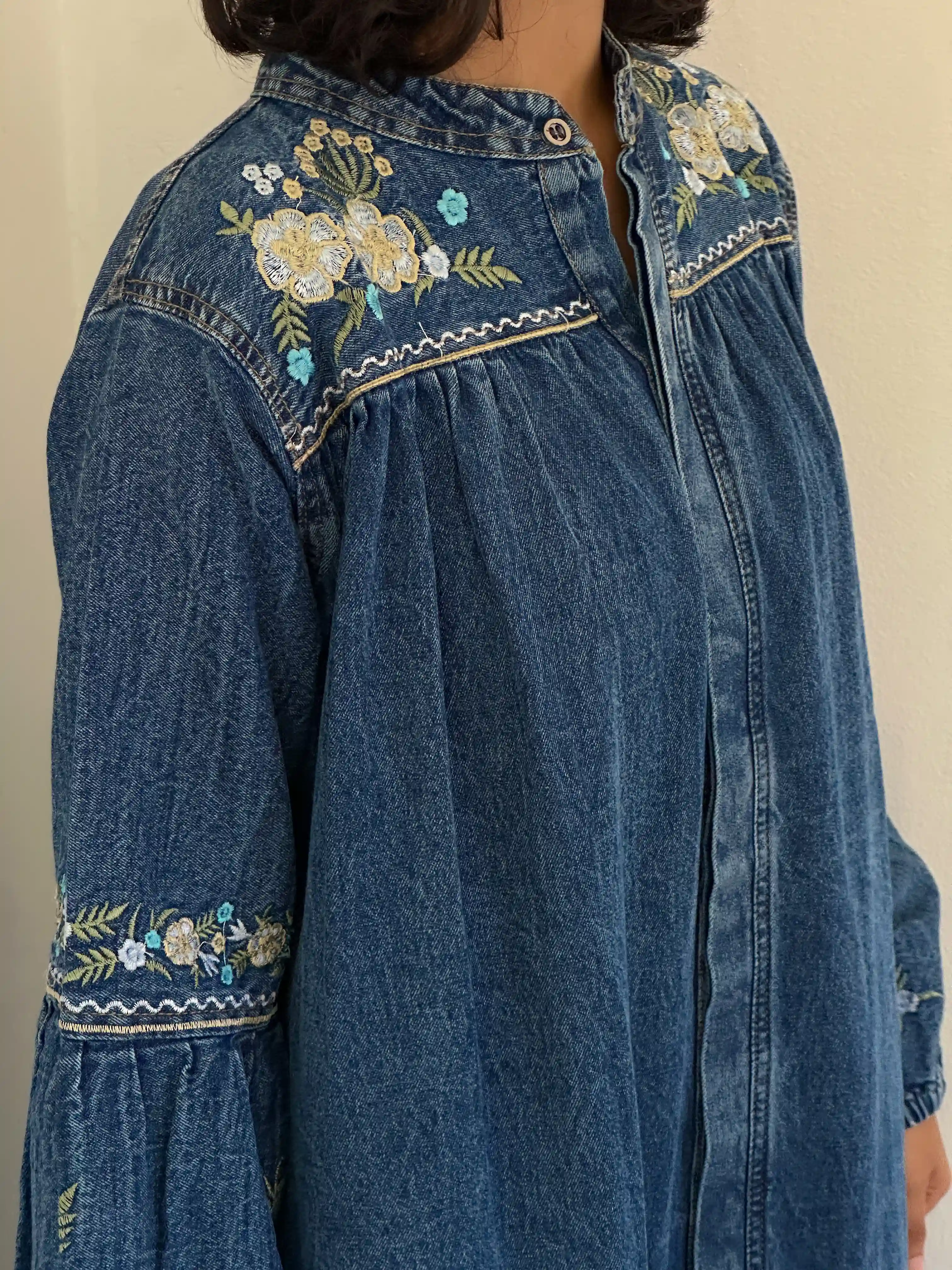 Floral Embroidery Denim Dress - Image 3